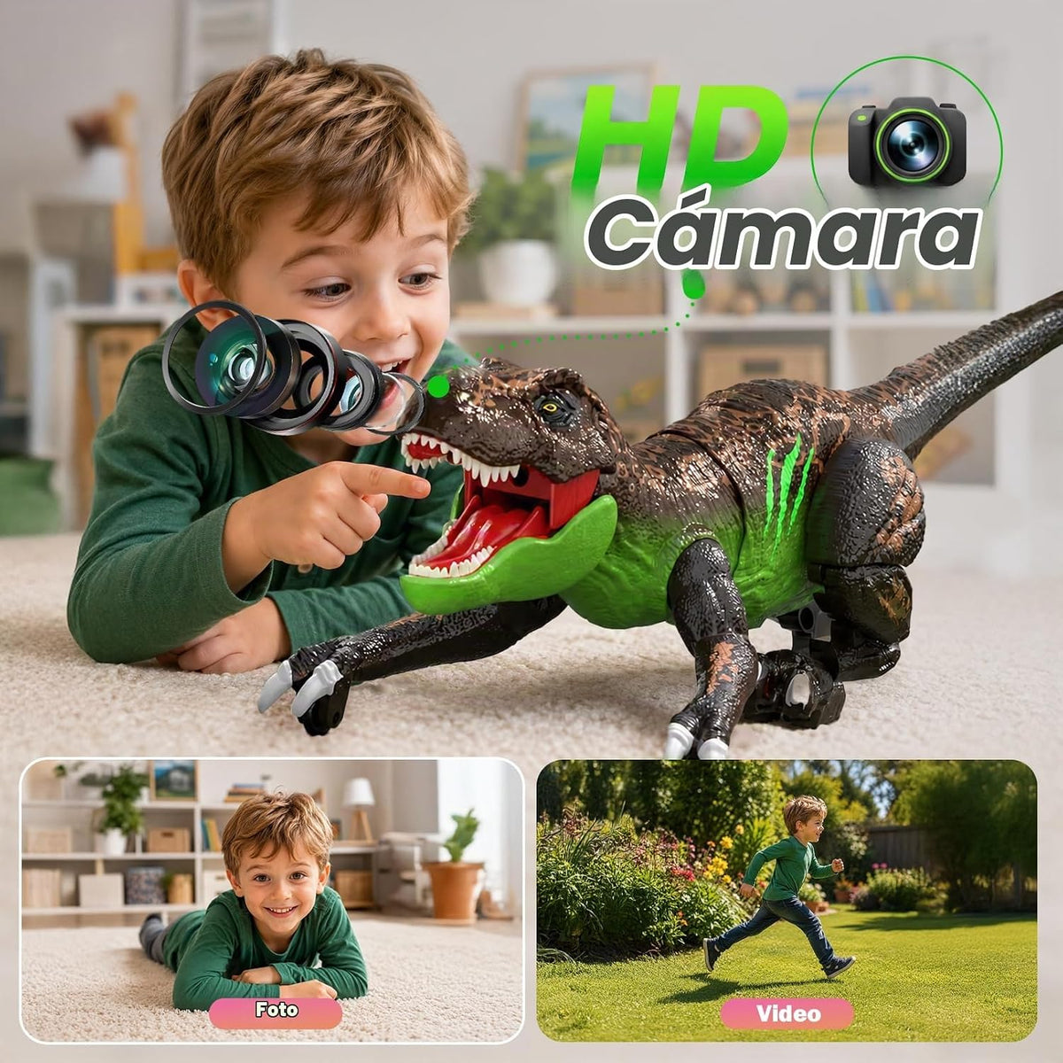 T-Rex Robot RC Dinosaur con cámara para niños, pantalla LCD RC video en vivo, simulación de movimiento de gateo, modo de demostración inteligente, función de rociado, efecto de luz y rugido, batería