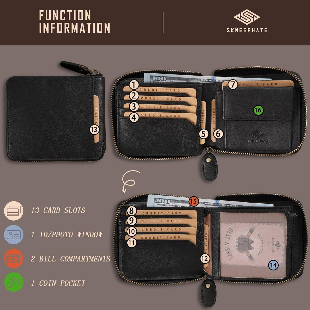 Billetera con Cremallera Skneephate para Hombre, Carteras de Cuero...