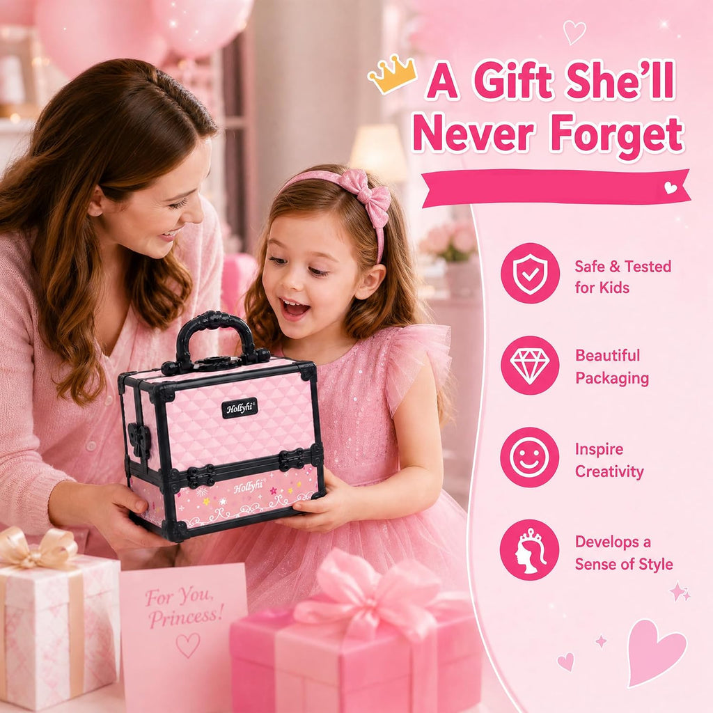 Juego de 59 piezas de maquillaje para niñas, juego de juguetes de maquillaje lavables para disfrazarse, juego de tocador de belleza con estuche de cosméticos, juguetes de cumpleaños para niñas