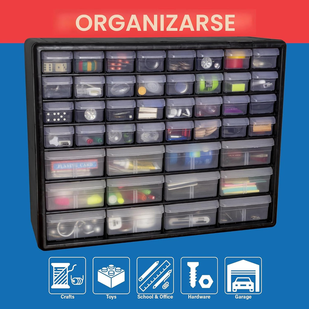 Akro-Mils Gabinete de almacenamiento de plástico con 44 cajones, 20 pulgadas de ancho x 6 pulgadas de profundidad x 16 pulgadas de alto, negro