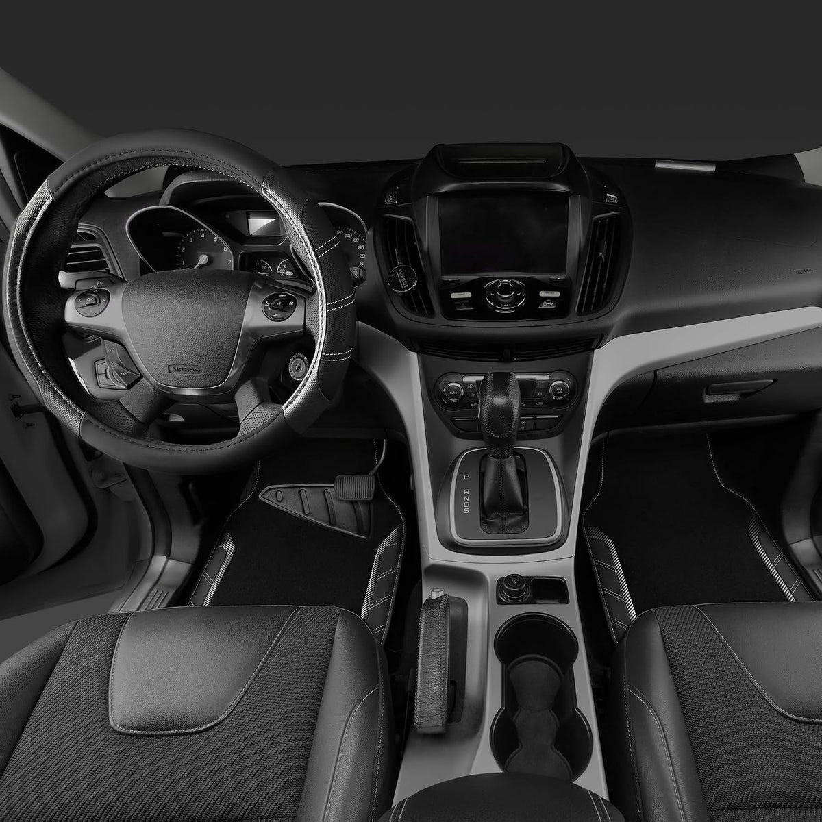 CAR PASS Funda de cuero para volante y alfombrillas impermeables para automóvil, combo universal de microfibra para autos que se adapta al 95 % de sedanes, SUV, vehículos, 14.5-15 pulgadas, diseño