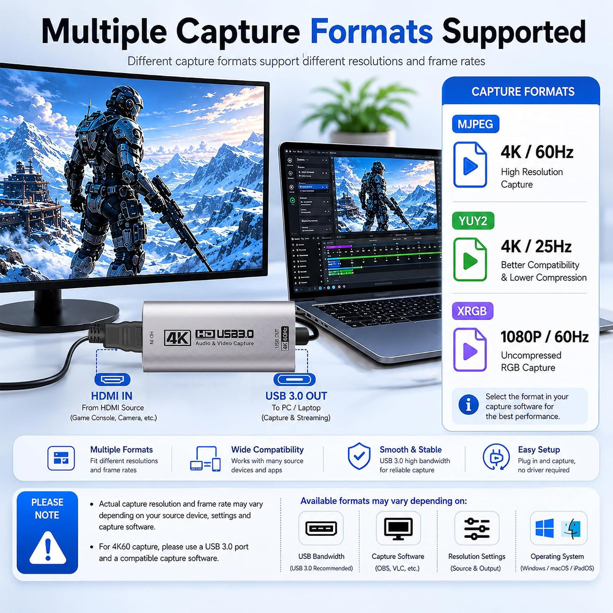 Tarjeta de captura HDMI, USB 3.0 HDMI a USB-C para captura de video, 4K60FPS