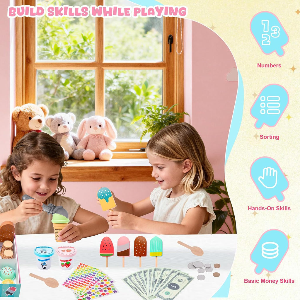 Juguete de helado para niños de 3 a 6 años, juego de helados de madera con mostrador, delantal, calcomanía de bricolaje, cuchara, dinero de juguete, juguetes de juego de simulación para juegos de