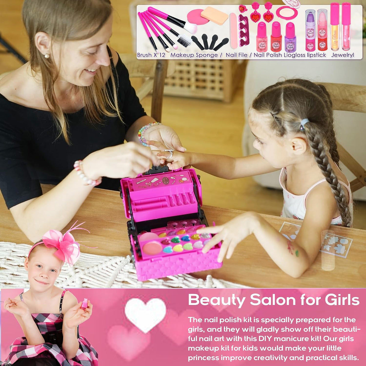 Kit de maquillaje para niñas – 52 piezas de maquillaje seguro y lavable para niños, kit de maquillaje real para niñas, kit de maquillaje para niñas con estuche de cosméticos, juguetes para niñas de 4
