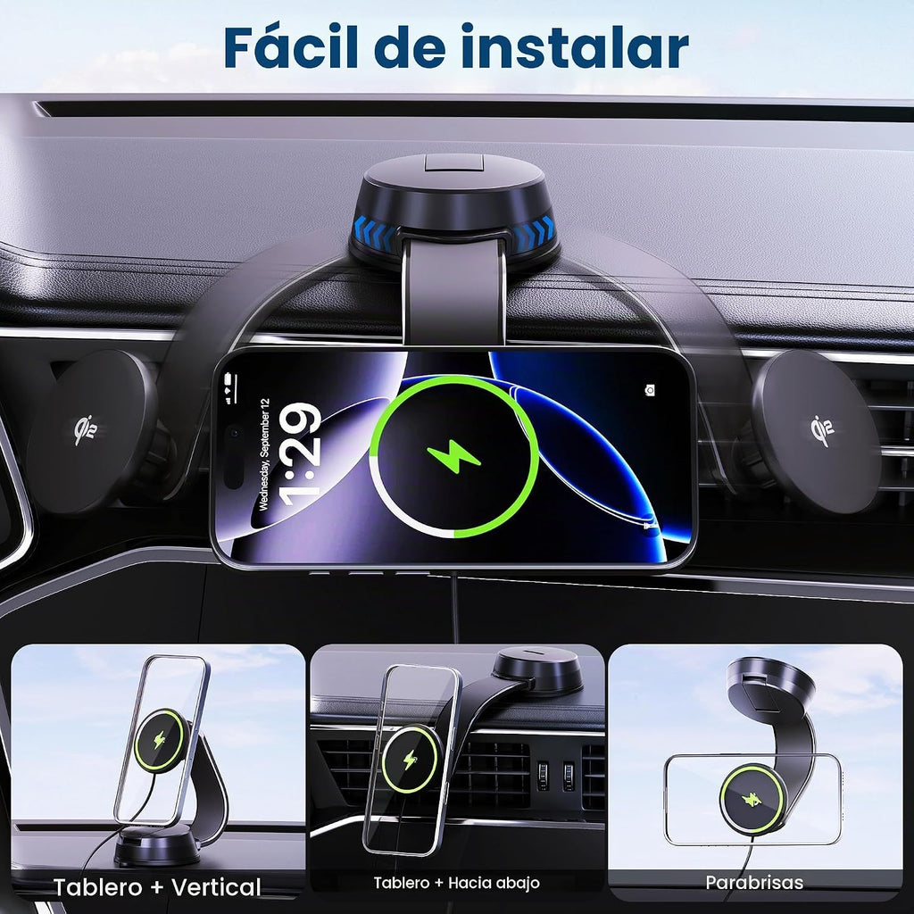 Actualización [Certificado Qi2] 15 W para cargador inalámbrico MagSafe, 2 cargas rápidas [succión segura de 90 + libras), soporte magnético para teléfono, parabrisas para iPhone 17/16/15/14/13/12 Pro Max, color negro