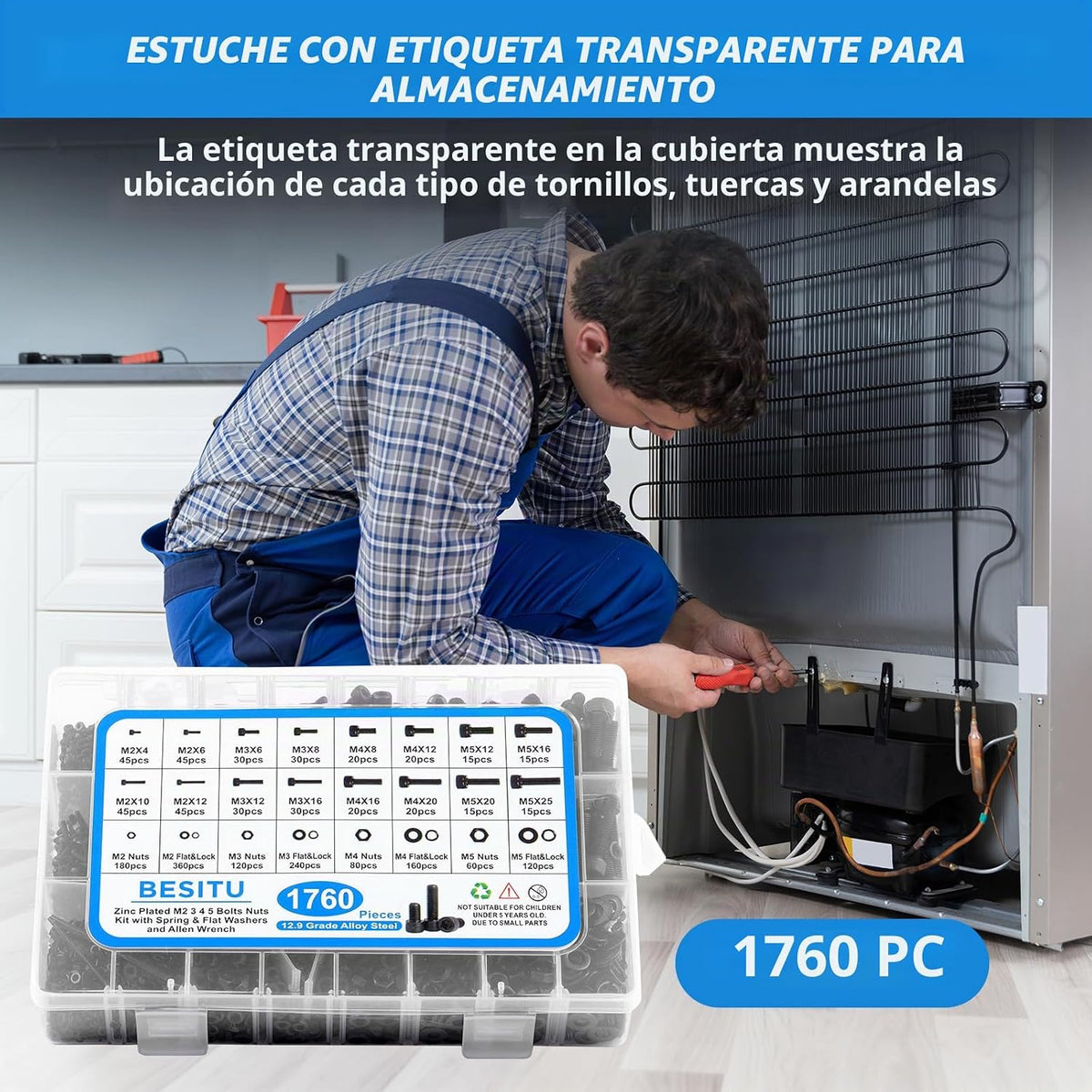 Surtido de tornillos métricos M2 M3 M4 M5 de 1760 piezas, kit de pernos de cabeza cilíndrica con hexágono interior y tuercas de acero de aleación grado 12.9, chapado en zinc negro y juego de