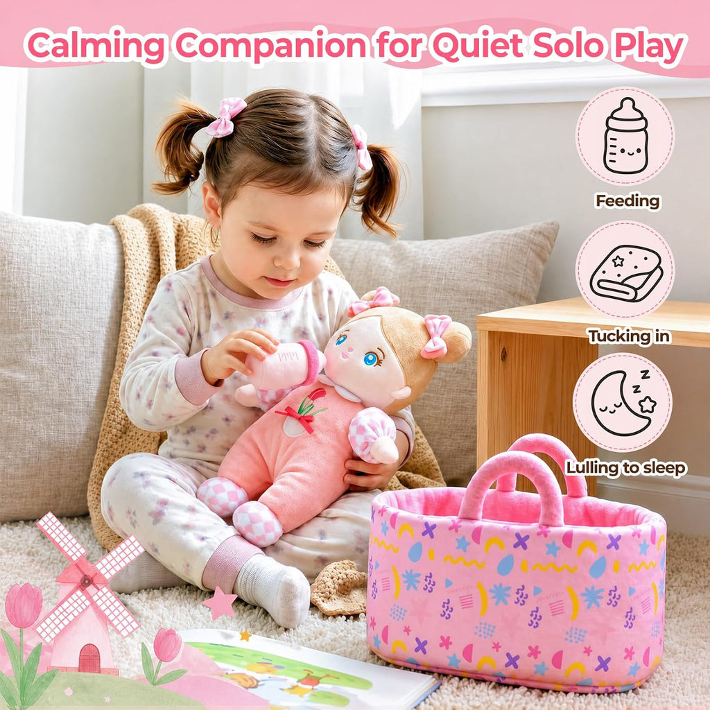 OUOZZZ Baby Doll Accessories con Soft Doll, Bassinet, Blanket y Bottle
