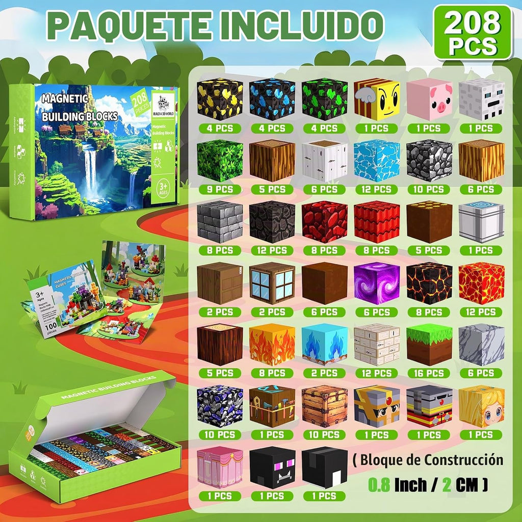 208 bloques magnéticos, cubos de construcción, juguetes de regalo