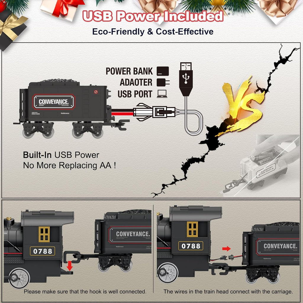 Juego de tren eléctrico con control remoto para niños, aleación de metal, juguetes de tren de Navidad, locomotora de vapor, carruajes de pasajeros, pistas de lujo, luces y sonidos, recargable, regalos de cumpleaños para niños y niñas, color verde