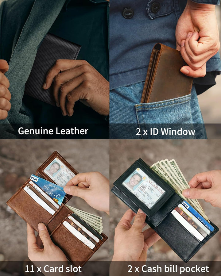 Plinvo Billetera plegable de piel auténtica para hombre con bloqueo...