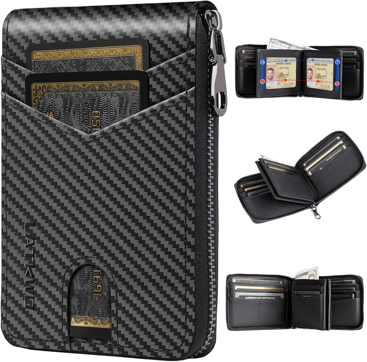 Billetera para hombre con bloqueo RFID y cierre, de grandes dimensiones, con 2 ventanas de identificación - Diseño de gran capacidad, 13 ranuras para tarjetas de crédito