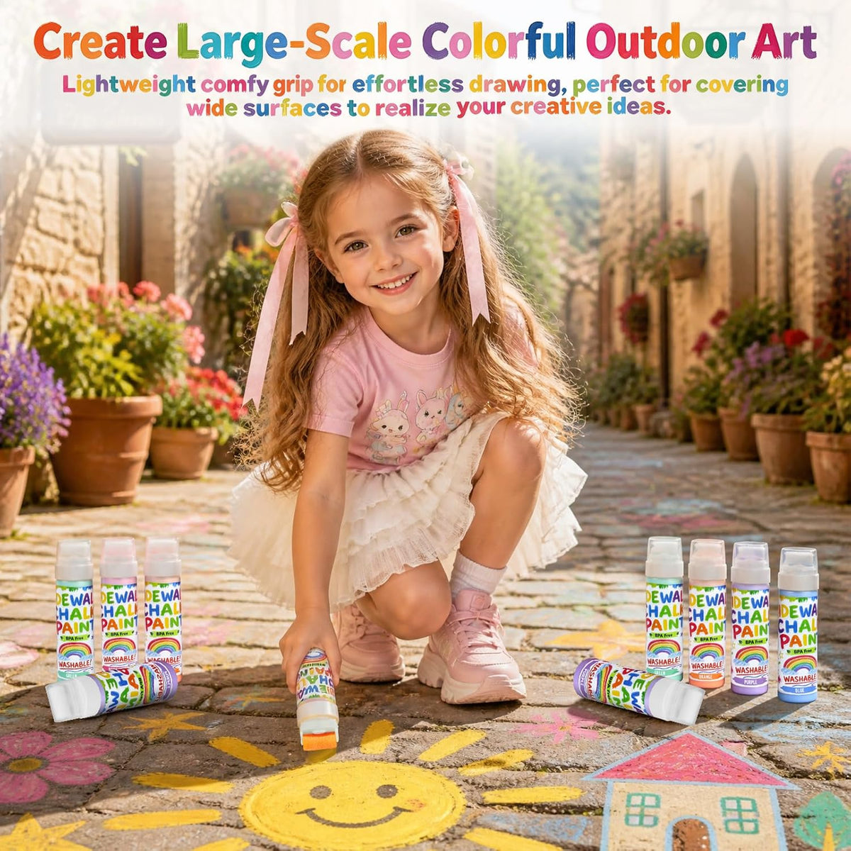 Juego de 12 pinturas de tiza en polvo lavables para acera, mezcla de tiza en polvo lavable en agua con rodillos de espuma, kit de graffiti de arte al aire libre para entrada, parque infantil y