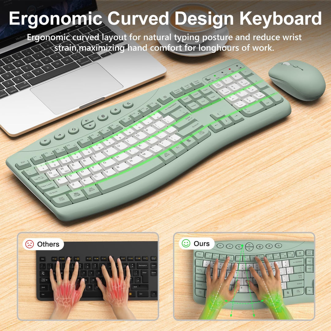 Combo de teclado y mouse inalámbricos, teclado curvo ergonómico sil...