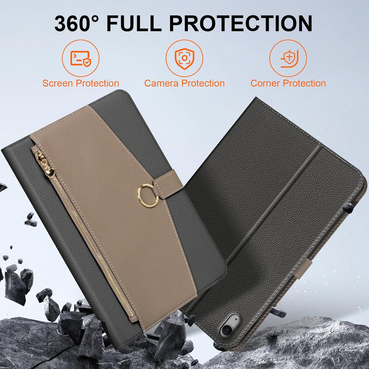 Funda de Cuero para iPad Air 11/10.9 (2020-2025 M3/M2/5ª/4ª Gen) con Bolsillo y Hebilla, Activación/Suspensión Automática, Soporte Ajustable Resistente a Golpes, Gris Oscuro con Gris