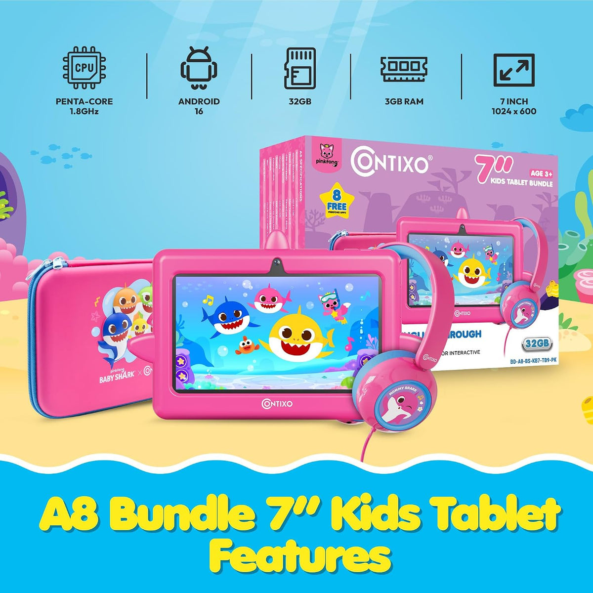 Contixo Pinkfong Baby Shark - Paquete de tabletas infantiles de 7 pulgadas