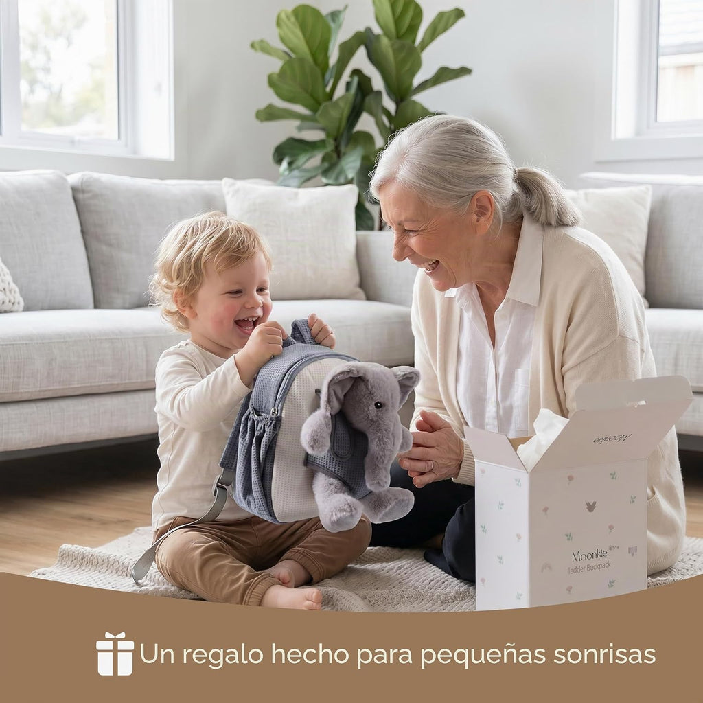 Moonkie Hug & Go™ Mochila de elefante para niños pequeños, bolsa de felpa suave con juguete para llevar para niños de 2 a 4 años | Ideal para guardería, viajes y regalos de cumpleaños