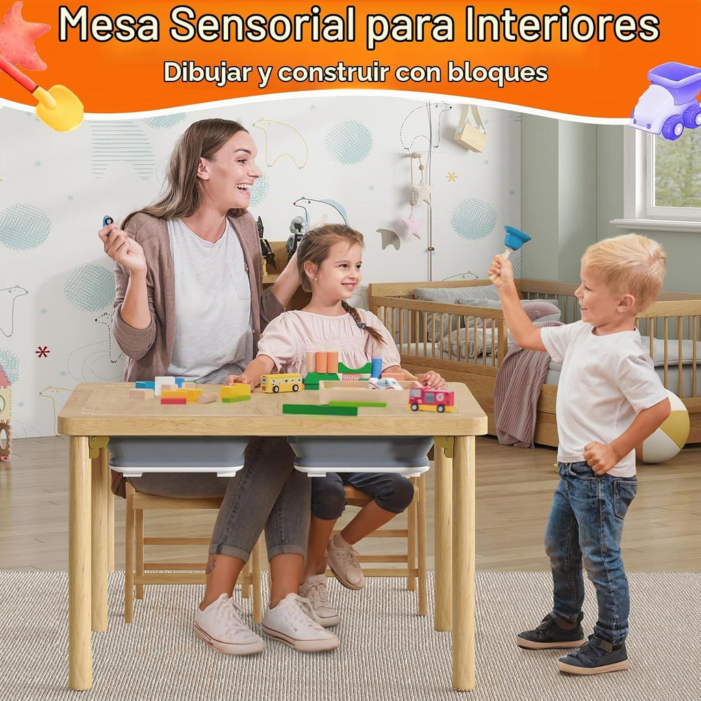 FUNLIO Mesa sensorial plegable de madera con 2 contenedores y 1 silla plegable para niños pequeños, mesa sensorial para niños con tapa de madera contrachapada antideformación, juego de arena y agua para interiores y exteriores, certificado CPC