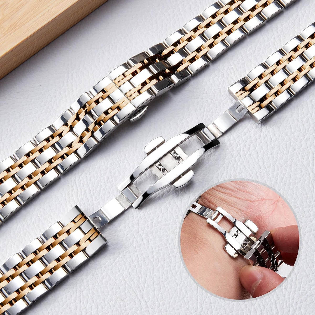 BINLUN - Correa de reloj de acero inoxidable de alta gama para reemplazo, 6 colores para mujeres y hombres (oro, plata, negro, oro rosa, tono dorado, tono oro rosa), 13 tamaños (12mm - 24mm)