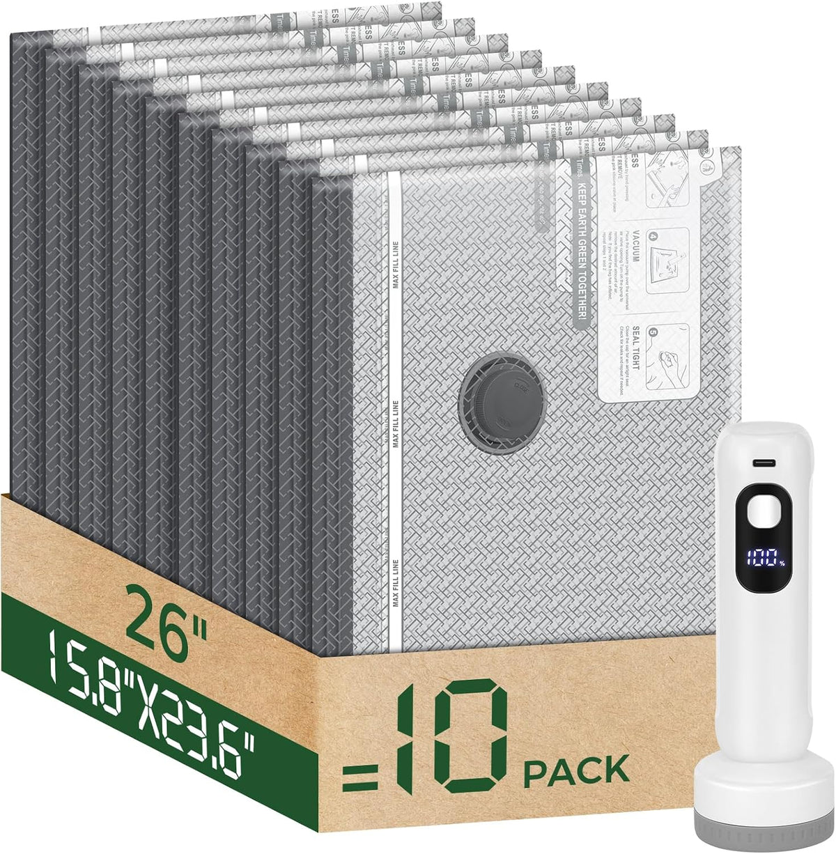 Bolsas de almacenamiento al vacío con bomba digital inalámbrica - 10 Medianas