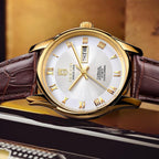 ROCOSJEWE Reloj de vestir masculino automático de cuerda automática - Caja de acero inoxidable dorado, números romanos, correa de cuero marrón, indicación de día y fecha, tapa esqueletada, reloj de pulsera de lujo para negocios, uso casual y diario