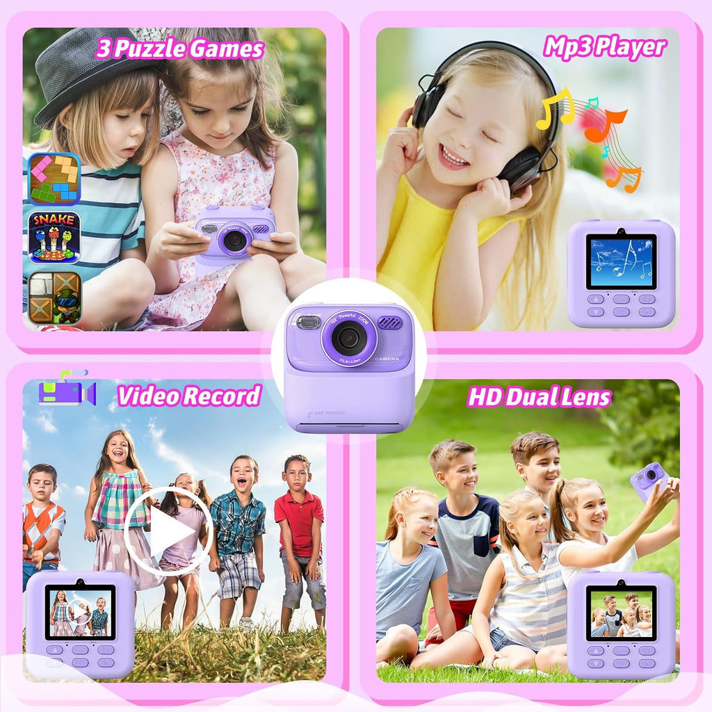 Cámaras digitales instantáneas para niños y niñas, cámara digital selfie HD de doble lente 1080P con papel de impresión y tarjeta TF, regalos de cumpleaños de Navidad, juguetes para niños pequeños y