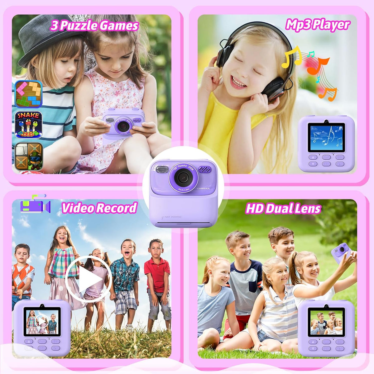 Cámaras digitales instantáneas para niños y niñas, cámara digital selfie HD de doble lente 1080P con papel de impresión y tarjeta TF, regalos de cumpleaños de Navidad, juguetes para niños pequeños y