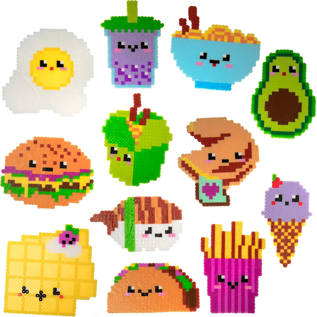 Fuse Beads - Kit de 10.000 cuentas, alimentos divertidos, incluye 22 colores, 4 tablas de clavijas, pinzas, papel de planchar y 12 plantillas de diseño, proyecto de manualidades de bricolaje para