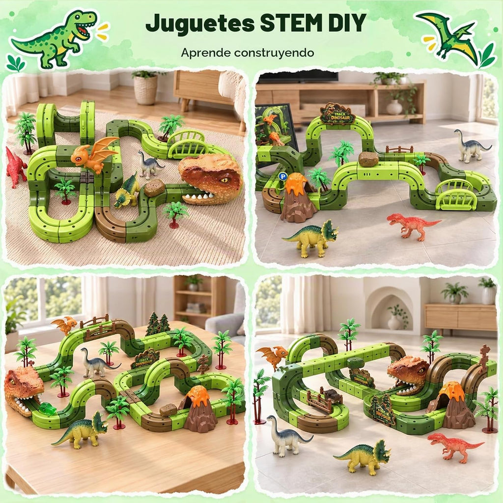 Juego de tren de dinosaurio eléctrico de 133 piezas, pista de carreras de