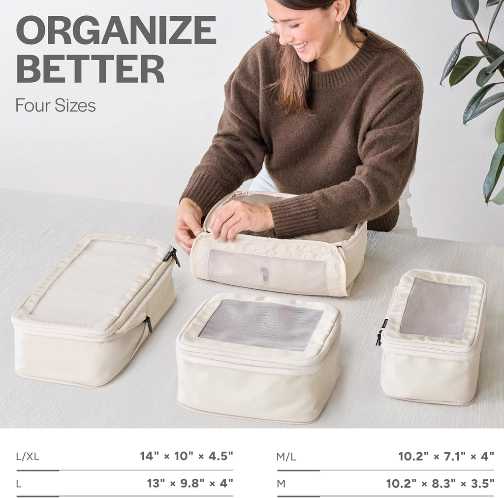 Cubos de embalaje de compresión para viajes, bolsas organizadoras de equipaje, cubos de embalaje con doble cremallera para maletas (paquete de 4, beige)