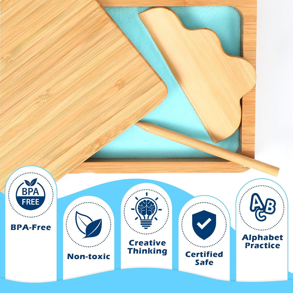 AtMini Bandeja de arena para aula, bandeja de arena Montessori con tapa, bandejas de arena de madera para niños, letras y números (azul)