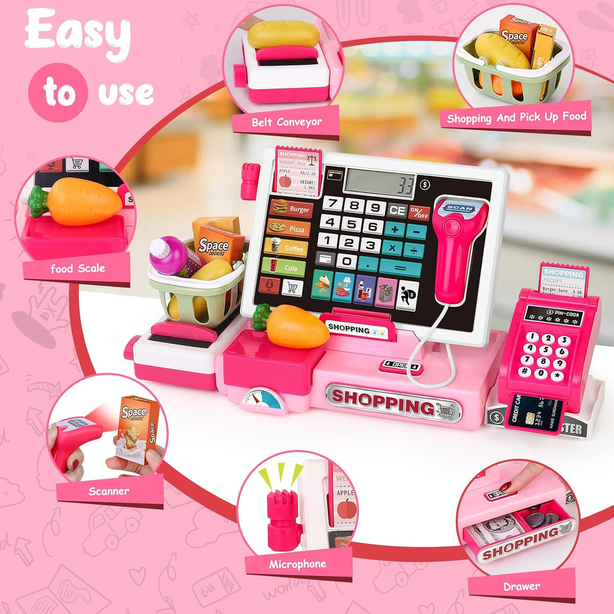 Set de juguete de caja registradora para niños, tienda de juguete para niños pequeños con calculadora real, caja registradora con escáner/tarjeta de crédito/dinero de juguete/comida, juguetes