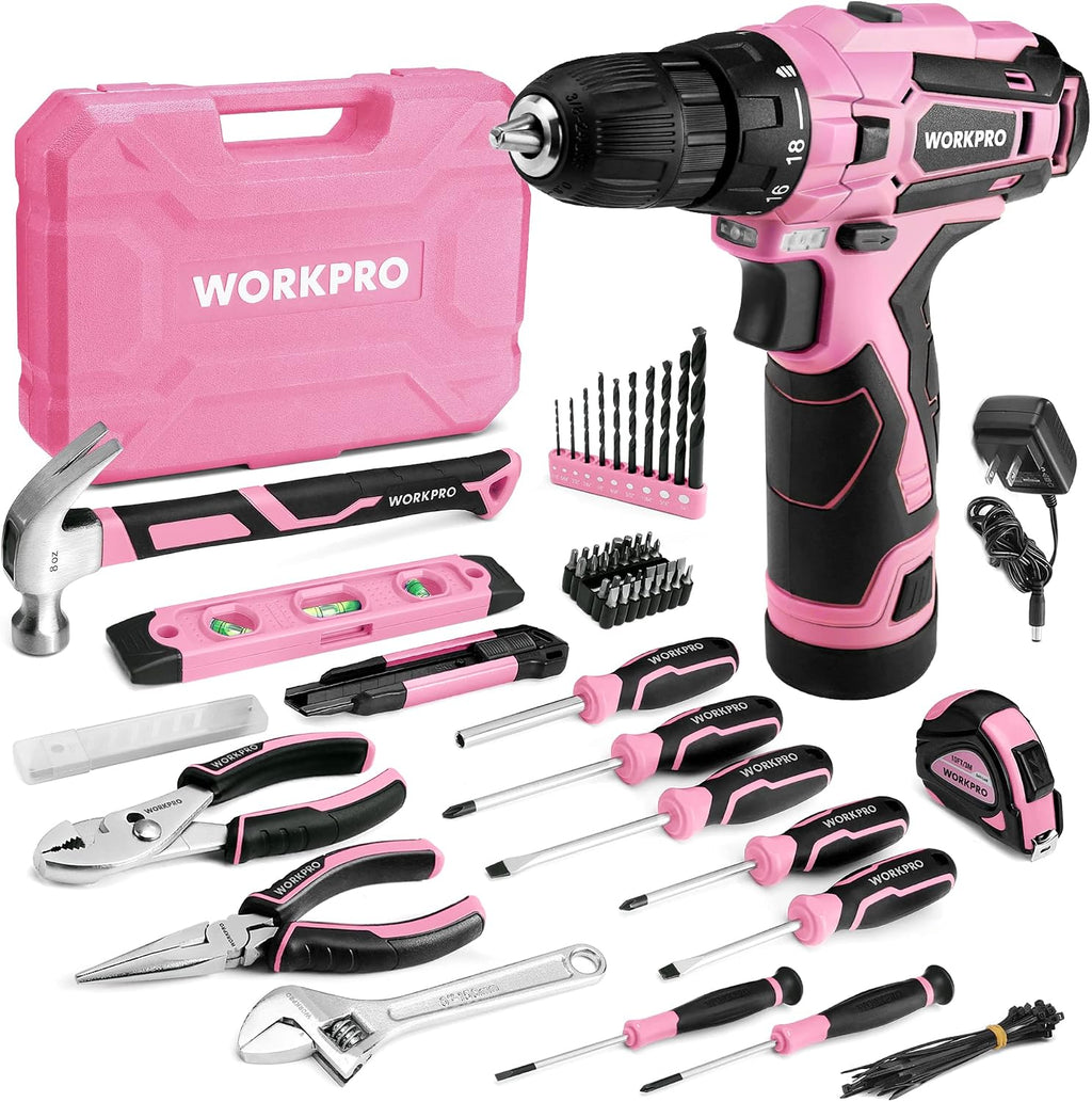 WORKPRO Juego de taladro rosa inalámbrico de 12 V para mujeres