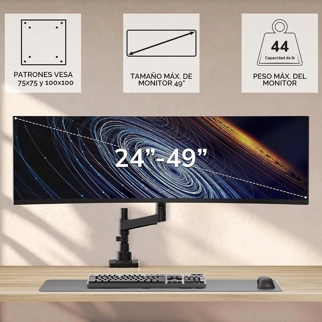 Mount-It! Soporte de escritorio para monitor ultraancho con poste, se adapta a pantallas de 17 a 49 pulgadas, brazo de resorte de gas ajustable en altura resistente, capacidad de 44 libras, movimiento