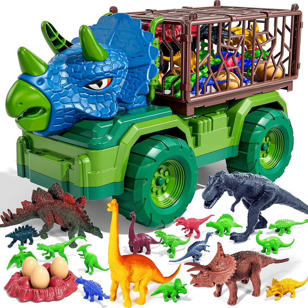 Camión de dinosaurio Triceratops 22 en 1 para niños de 3-5-7 4-8, camión transportador de dinosaurios con 18 figuras de dinosaurios jurásicos, 3 huevos de dinosaurio, 3, 4, 5, 6, 7, 8 años, regalos de cumpleaños para niños pequeños