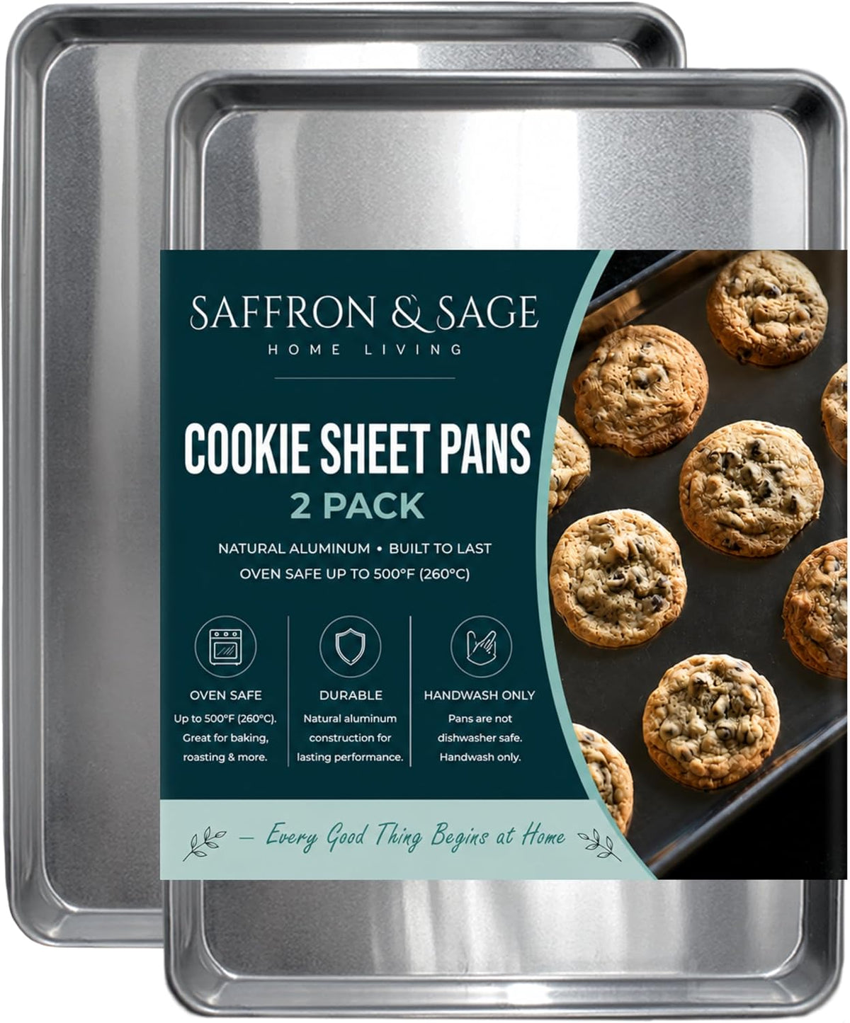 Saffron & Sage Home Living - Juego de 2 bandejas de aluminio para hornear de calidad comercial, paquete de 2 bandejas para hornear de media hoja, este juego de bandejas para hornear con borde de 18 x