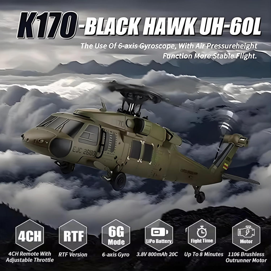 GoolRC Helicóptero RC sin escobillas, helicóptero de control remoto WLtoys K170, avión RC militar de 4 canales con giroscopio de 6 ejes, fácil de volar para adultos y principiantes