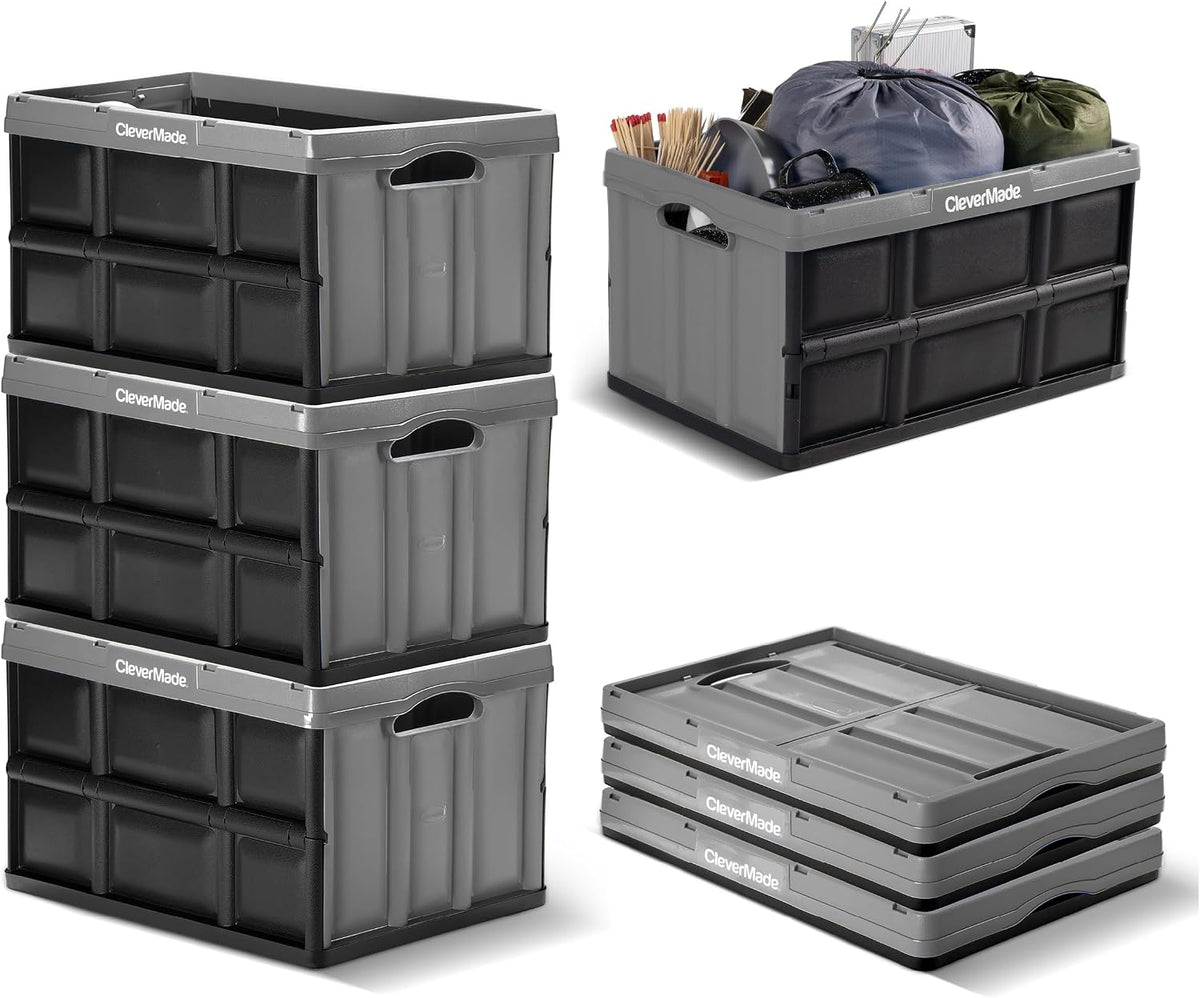 CleverMade - Contenedores de almacenamiento plegables, 62L, paquete de 3, apilables, 100 libras, piedra