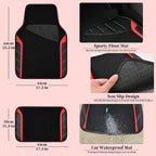 CAR PASS Funda para volante de cuero y alfombrillas de coche impermeables, combo universal de microfibra para coche, diseño deportivo antideslizante seguro y cómodo de 14.5-15 pulgadas para el 95 % de