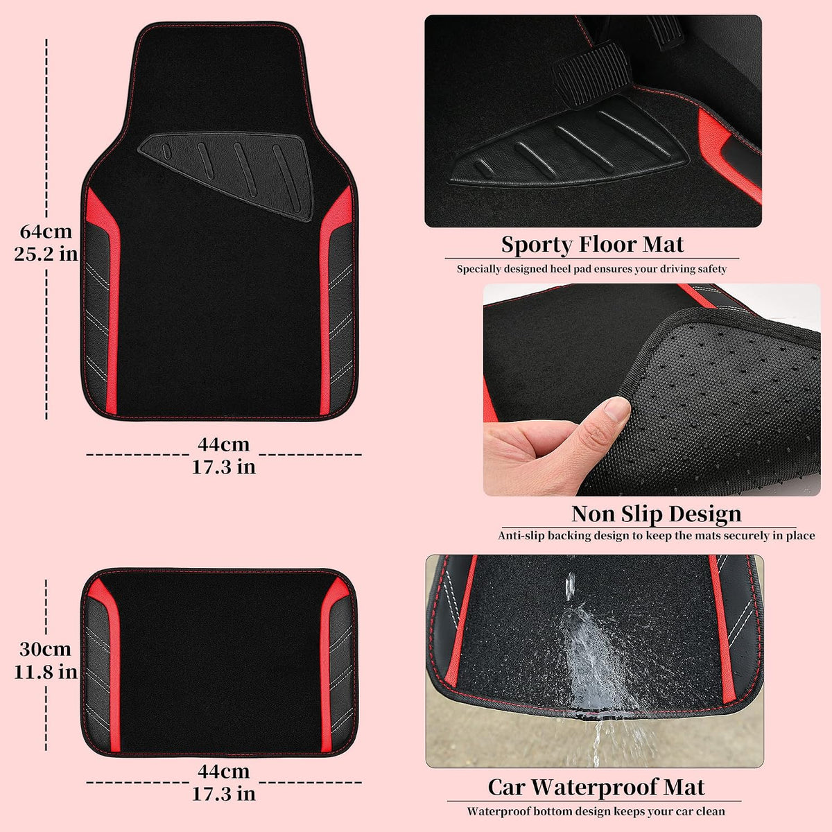 CAR PASS Funda para volante de cuero y alfombrillas de coche impermeables, combo universal de microfibra para coche, diseño deportivo antideslizante seguro y cómodo de 14.5-15 pulgadas para el 95 % de