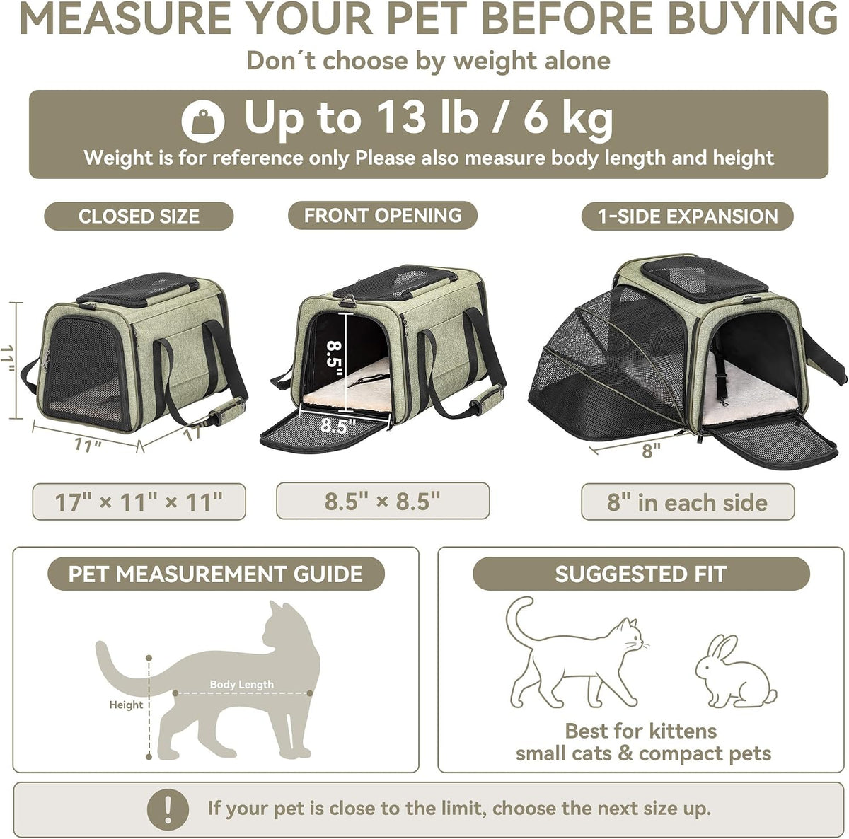 Petsfit Transportador de gatos mediano expandible para viajes aéreos, hasta