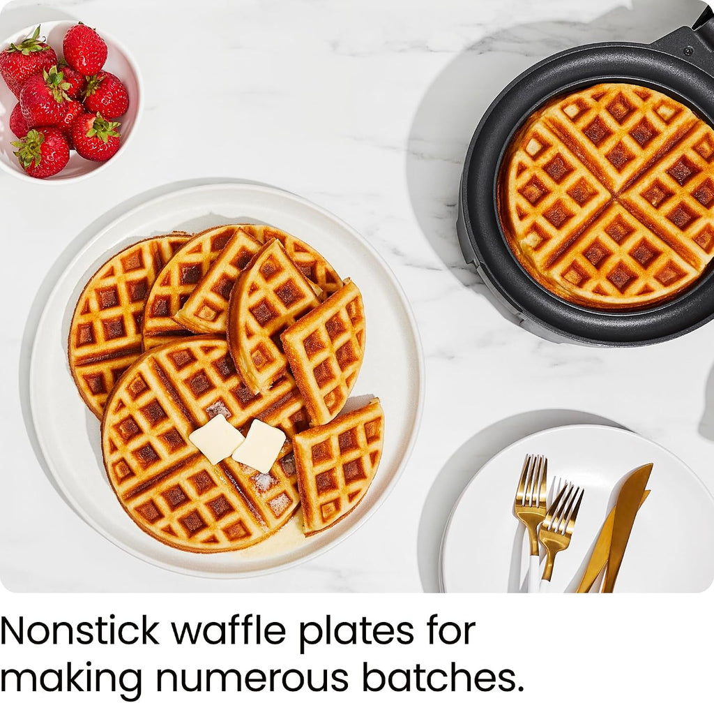 Chefman - Máquina para hacer waffles belgas antidesbordamiento con selector de tono, control de temperatura, foso sin ensuciar, plancha redonda de hierro con placas antiadherentes y mango de tacto