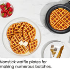 Chefman - Máquina para hacer waffles belgas antidesbordamiento con selector de tono, control de temperatura, foso sin ensuciar, plancha redonda de hierro con placas antiadherentes y mango de tacto