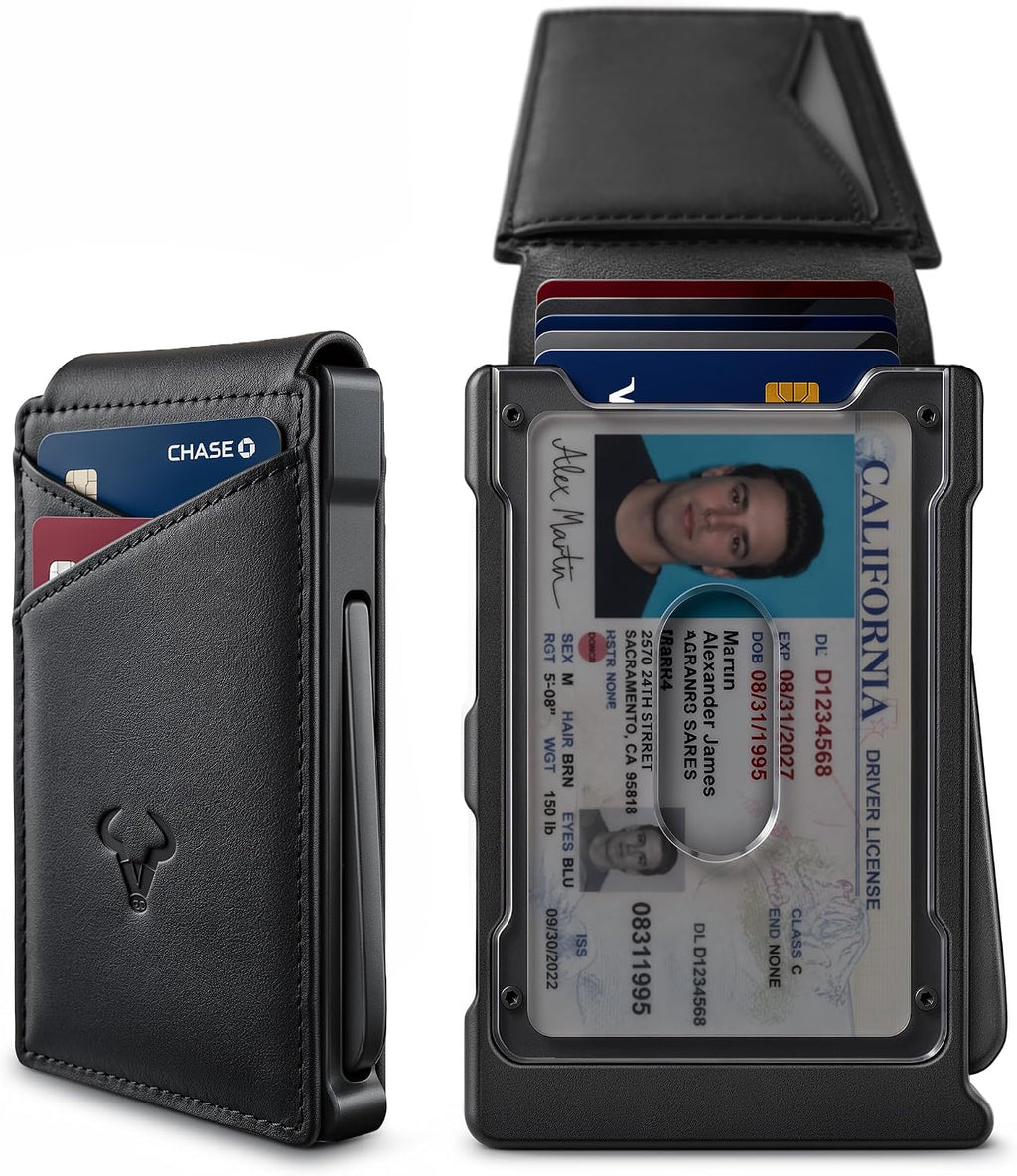 BULLIANT Cartera Slim de Piel Grano Completo para Hombre Estuche Metálico con Cierre Magnético 12 Tarjetas