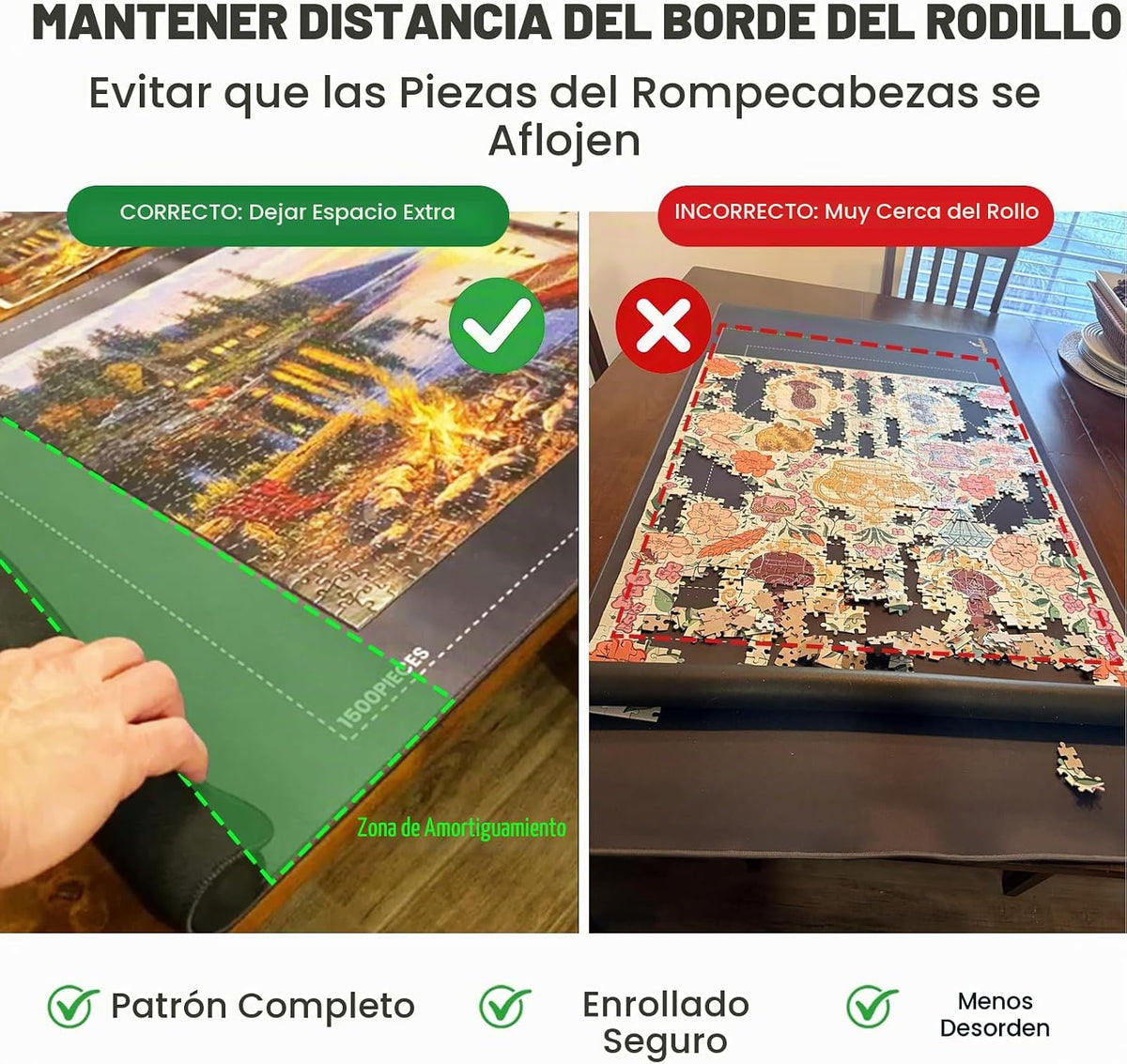 Alfombrilla portátil ahorradora de rompecabezas de 46 x 26 pulgadas, 1500 unidades, rodillo y correas todo en uno, goma antideslizante lisa plana, almacenamiento y protección, 6 bandejas de