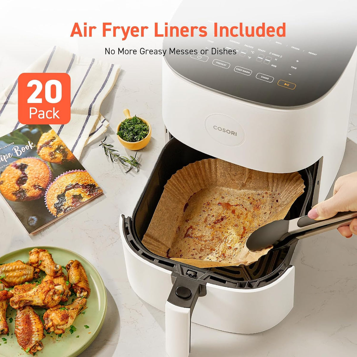 Cosori Air Fryer Pro LE 5 Qt, Cerámica libre de PFAS, 9 en 1, 20 Forros, Blanco