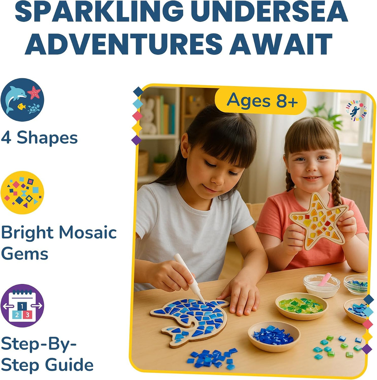 Little Jupiter Kit de mosaico de bricolaje – Construye 4 piezas diferentes de arte de mosaico marino – Las artes y manualidades perfectas para niñas y niños de 8 a 12 años – Actividad de juego de arte para niños para cumpleaños, Navidad, vacaciones y más