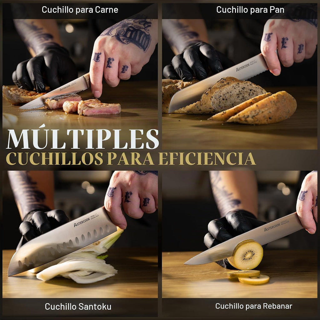 Astercook Juego de 17 cuchillos con afilador incorporado, cuchillos de cocina alemanes de espiga completa de acero inoxidable, juego de cubiertos ergonómicos con mango de nogal para cocina casera y regalo del día del padre para papá
