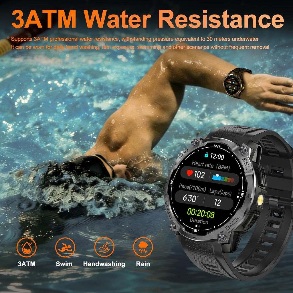 Reloj inteligente militar resistente para hombre con GPS, reloj AMOLED de seguimiento de fitness de 1.43 pulgadas con llamada Bluetooth, linterna/brújula, más de 170 modos deportivos, impermeable, reloj inteligente para hombre para Android iPhone