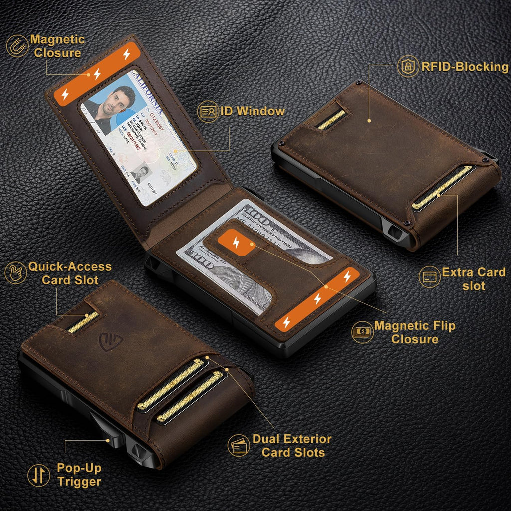 RUNBOX Cartera plegable de cuero genuino para hombres, tarjetero delgado