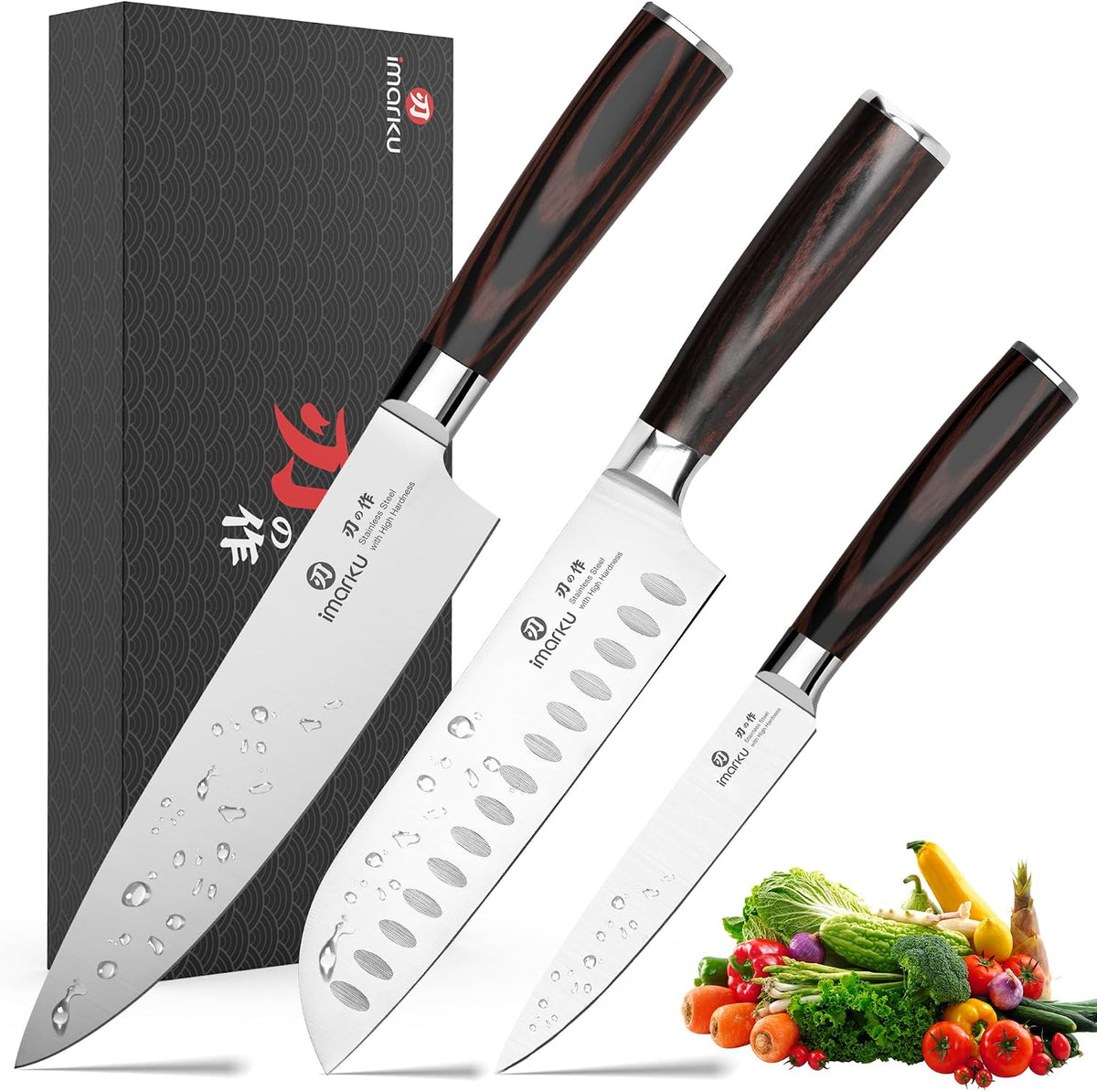 imarku Juego de cuchillos de 3 piezas, cuchillos de chef japoneses de acero